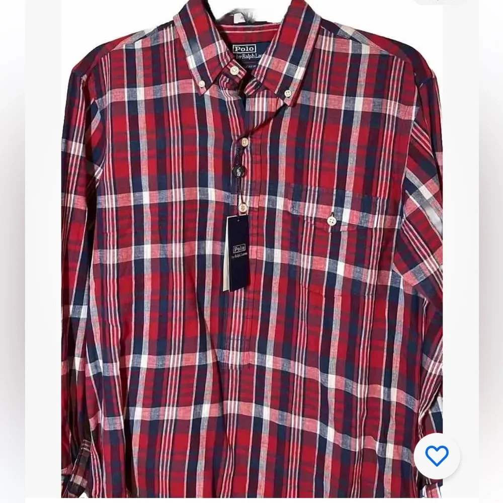 NWT Polo Indigo Authentic Indian Madras Half Button Pullover LS w Pocket Size S - Picture 3 of 7